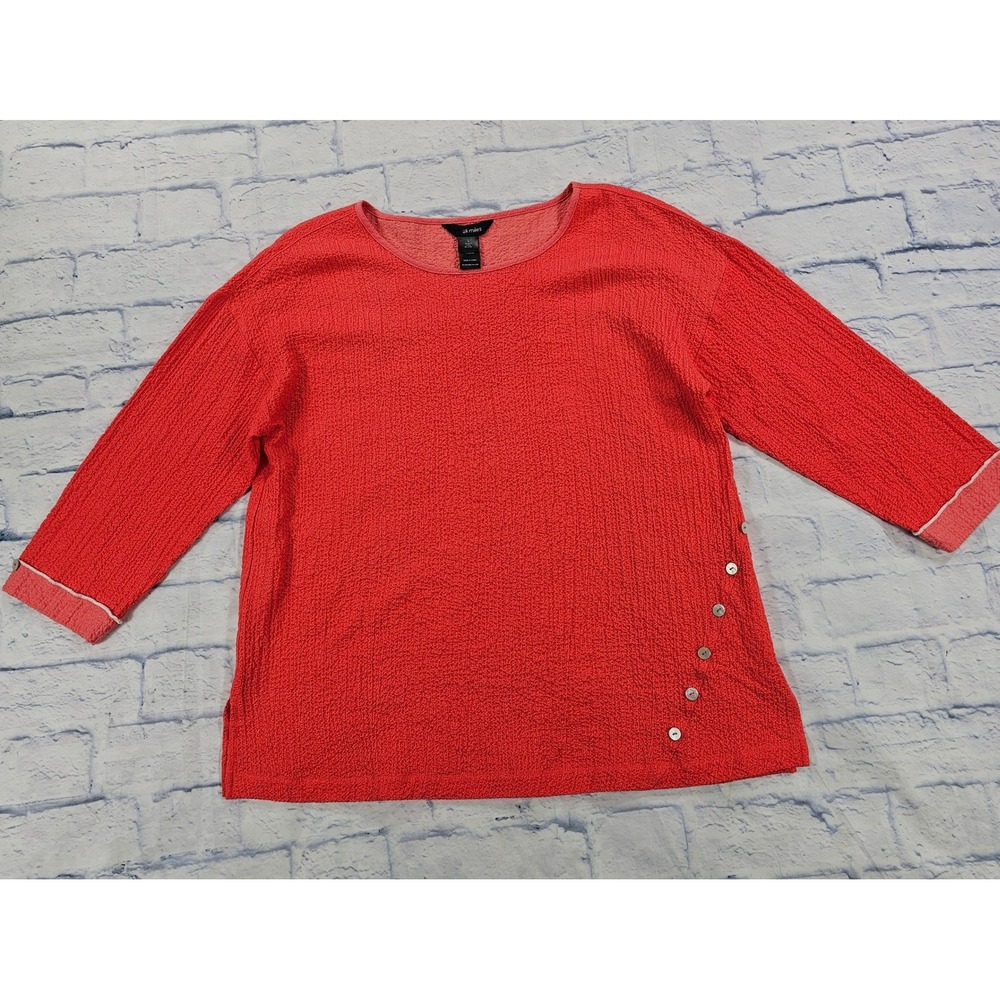 Ali Miles Textured Knit Top Womens L Coral Red Button Side 3/4 Sleeve Tunic